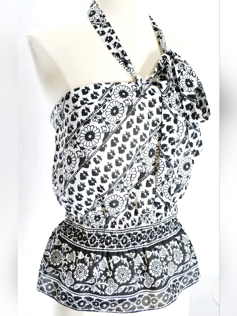Vintage Ann Taylor LOFT Black & White Printed Peplum Halter Top - Size 10
